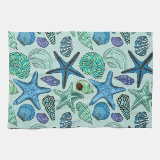 Shades of Blue Seashells and Starfish Pattern Theedoek (Horizontaal)