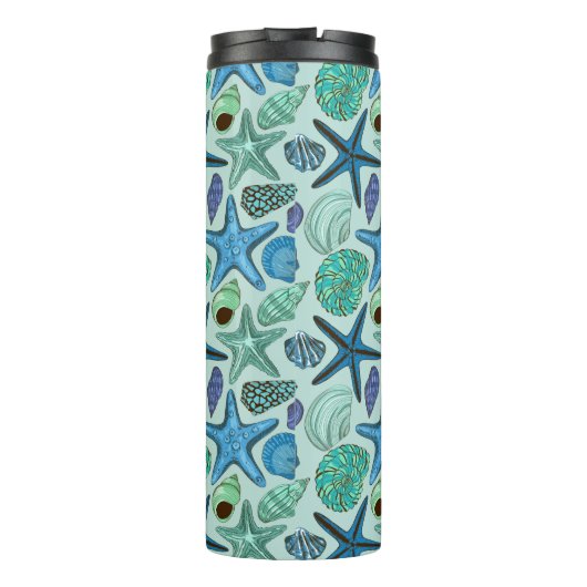 Shades of Blue Seashells and Starfish Pattern Thermosbeker (Achterkant)