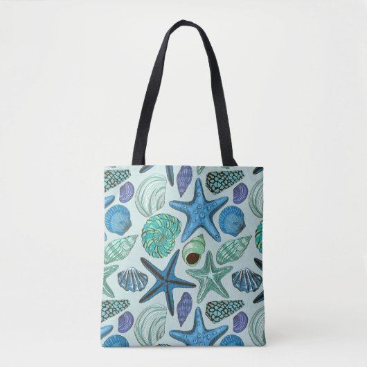 Shades of Blue Seashells and Starfish Pattern Tote Bag (Voorkant)