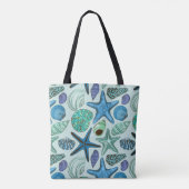 Shades of Blue Seashells and Starfish Pattern Tote Bag (Achterkant)