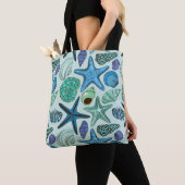 Shades of Blue Seashells and Starfish Pattern Tote Bag (Dichtbij)