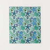 Shades of Blue Seashells and Starfish Pattern Wandkleed (Voorkant)