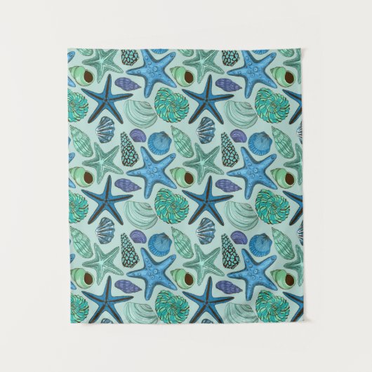 Shades of Blue Seashells and Starfish Pattern Wandkleed (Voorkant)