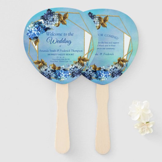 Shades of Blue Waterverf Hydrangeas Handwaaier (Voorkant en achterkant)