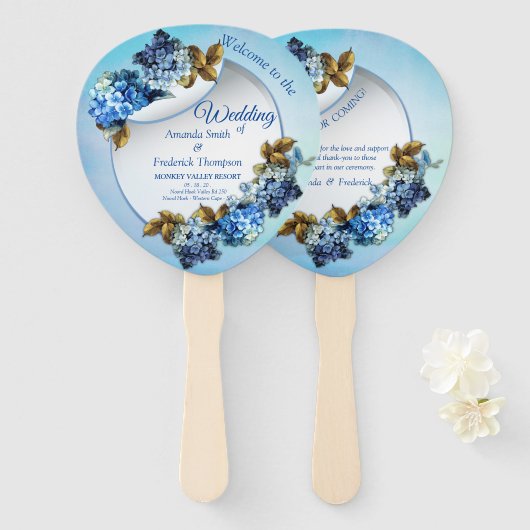 Shades of Blue Waterverf Hydrangeas Handwaaier (Voorkant en achterkant)