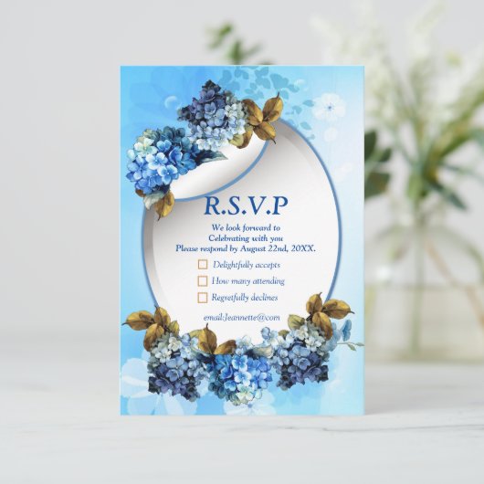 Shades of Blue Waterverf Hydrangeas RSVP Kaartje (Staand voorkant)