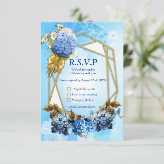 Shades of Blue Waterverf Hydrangeas RSVP Kaartje (Staand voorkant)