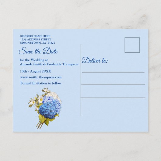 Shades of Blue Waterverf Hydrangeas Save the date Aankondigingskaart (Achterkant)