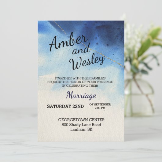 Shades of Blue Waterverf Wedding Invitation Kaart (Staand voorkant)