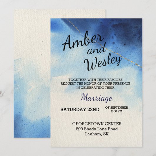 Shades of Blue Waterverf Wedding Invitation Kaart (Voorkant / Achterkant)