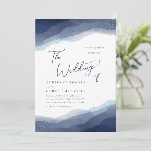 Shades of Blue Waterverf Wedding Kaart (Staand voorkant)