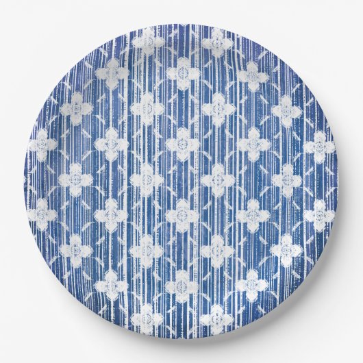 Shades of Blue White Ombre Striped Flowers Pattern Papieren Bordje (Voorkant)