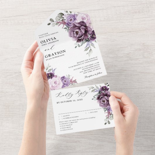 Shades of Dusty Paars Blooms Moody Floral Wedding All In One Uitnodiging (Afscheurbaar)