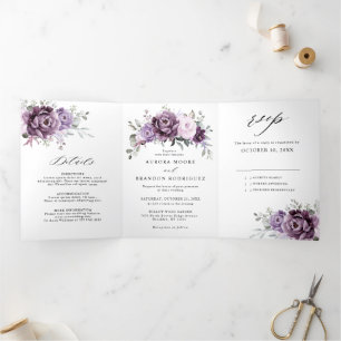 Shades of Dusty Paars Blooms Moody Floral Wedding Drieluik Aankondiging