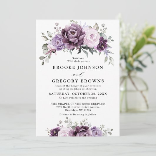 Shades of Dusty Paars Blooms Moody Floral Wedding Kaart (Staand voorkant)