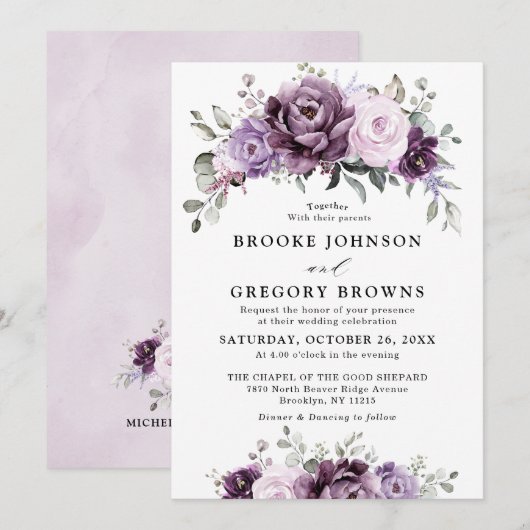 Shades of Dusty Paars Blooms Moody Floral Wedding Kaart (Voorkant / Achterkant)