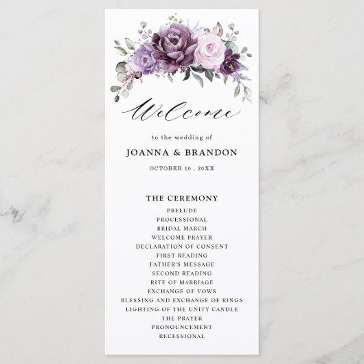 Shades of Dusty Paars Blooms Moody Floral Wedding Programmakaart (Voorkant)