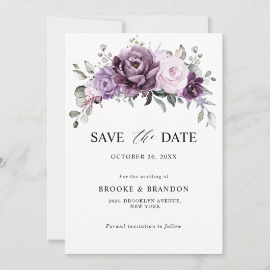 Shades of Dusty Paars Blooms Moody Floral Wedding Save The Date (Voorkant)