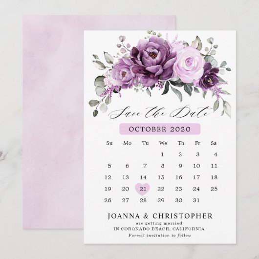 Shades of Dusty Paars Blooms Moody Floral Wedding Save The Date (Voorkant / Achterkant)