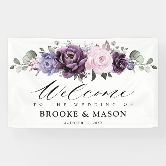 Shades of Dusty Paars Floral Wedding Welcome Spandoek (Horizontaal)
