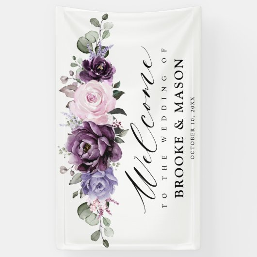 Shades of Dusty Paars Floral Wedding Welcome Spandoek (Verticaal)