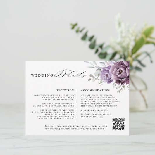 Shades of Dusty Paarse Bloemen Bruiloft Details Informatiekaartje (Staand voorkant)