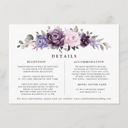Shades of Dusty Paarse Bloemen Bruiloft Details Informatiekaartje (Voorkant)
