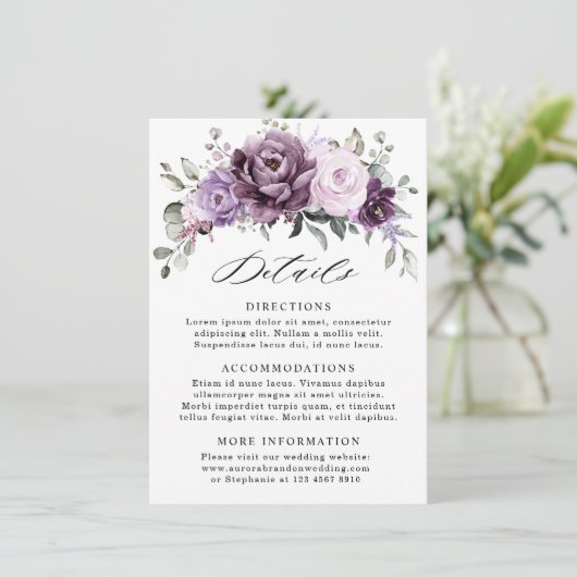 Shades of Dusty Paarse Blooms Bruiloft Details Informatiekaartje (Staand voorkant)