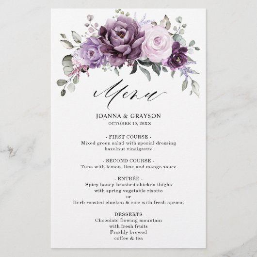 Shades of Dusty Paarse Blooms Floral Wedding Menu (Voorkant)