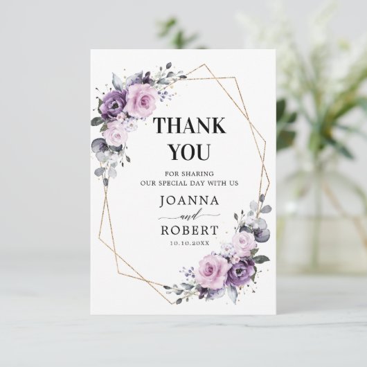 Shades of Dusty Paarse Blooms Geometric Wedding Bedankkaart (Staand voorkant)
