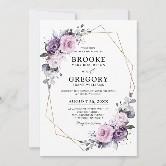 Shades of Dusty Paarse Blooms Geometric Wedding Kaart (Voorkant)