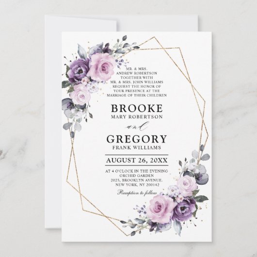 Shades of Dusty Paarse Blooms Geometric Wedding Kaart (Voorkant)