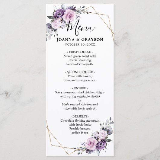 Shades of Dusty Paarse Blooms Geometric Wedding Menu (Voorkant)