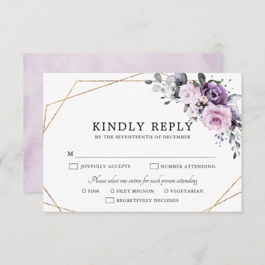 Shades of Dusty Paarse Blooms Geometric Wedding RS RSVP Kaartje (Voorkant / Achterkant)