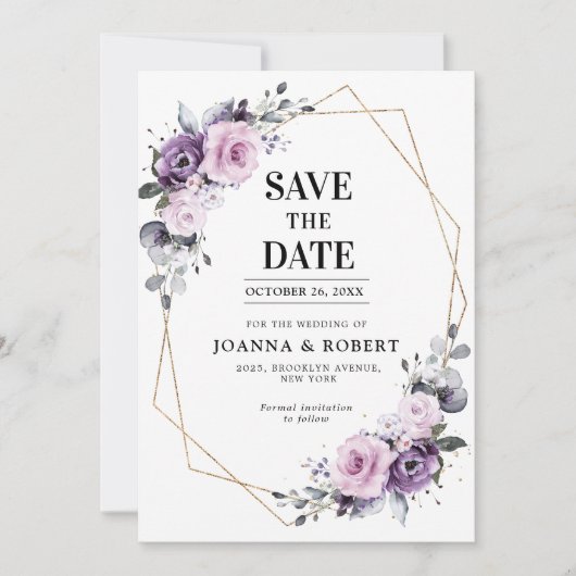 Shades of Dusty Paarse Blooms Geometric Wedding Sa Save The Date (Voorkant)