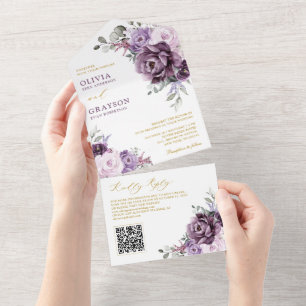 Shades of Dusty Paarse Blooms Gouden Bloemen Bruil All In One Uitnodiging