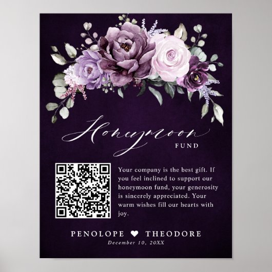 Shades of Dusty Paarse Blooms Honeymoon Fund Sign Poster (Voorkant)