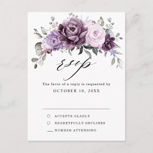 Shades of Dusty Paarse Blooms Moody Floral RSVP Briefkaart (Voorkant)