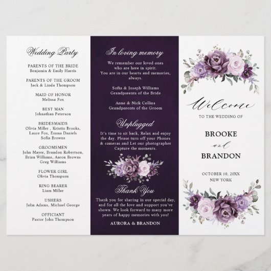 Shades of Dusty Paarse Blooms Wedding Programme (Voorkant)