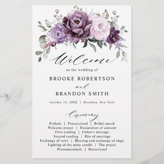 Shades of Dusty Paarse Blooms Wedding Programme (Voorkant)