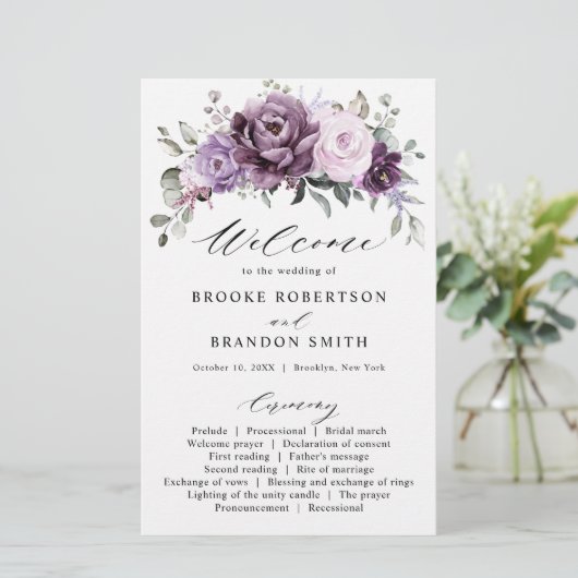 Shades of Dusty Paarse Blooms Wedding Programme (Staand voorkant)