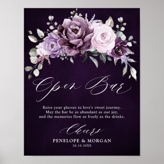 Shades of Dusty Paarse Bruiloft Open Bar Teken Poster (Voorkant)