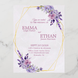 Shades of Dusty Purple Blooms Geometric Wedding Folie Uitnodiging Briefkaart