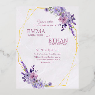 Shades of Dusty Purple Blooms Geometric Wedding  Folie Uitnodiging Briefkaart