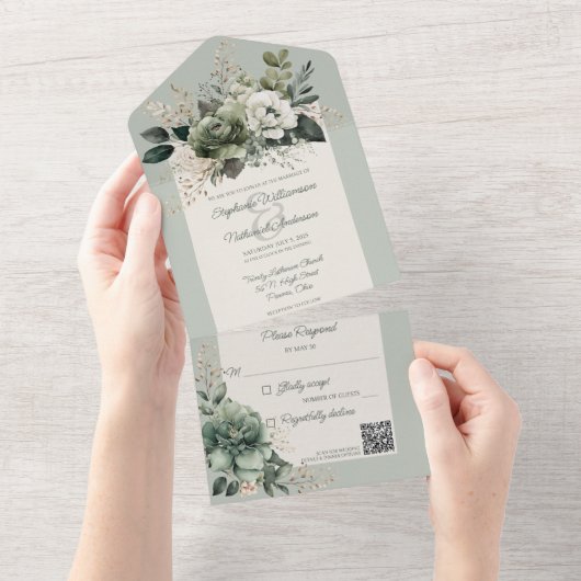 Shades of Green Floral QR-code All In One Uitnodiging (Afscheurbaar)