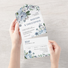 Shades of Grey Dusty Blue Winter Rustic Wedding Al All In One Uitnodiging