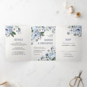 Shades of Grey Dusty Blue Winter Rustic Wedding Drieluik Aankondiging