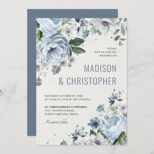 Shades of Grey Dusty Blue Winter Rustic Wedding Kaart (Voorkant / Achterkant)