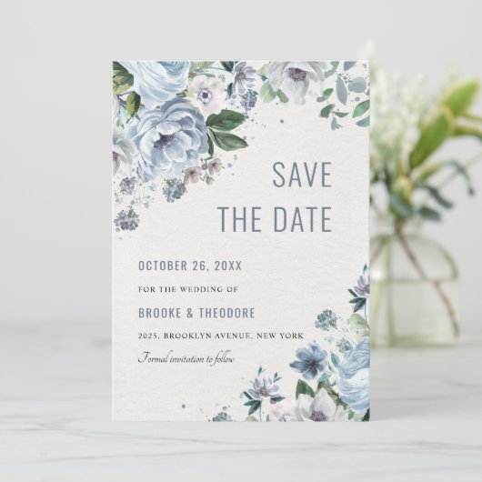Shades of Grey Dusty Blue Winter Rustic Wedding Save The Date (Staand voorkant)
