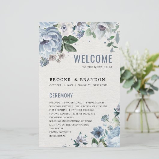Shades of Grey Dusty Blue Winter Wedding Programme (Staand voorkant)